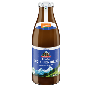 Frische Bio-Alpenmilch, 1 Liter braune Mehrwegflasche 1,5 % Fett