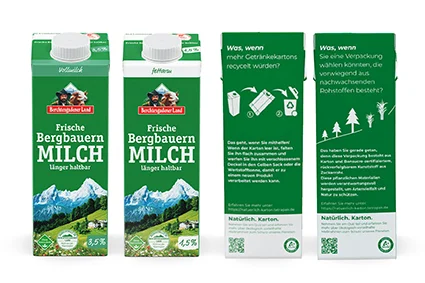 Molkerei Berchtesgadener Land informiert Verbraucher über nachwachsende Rohstoffe, CO2-Bilanz und Recyclingkreisläufe auf den Milchpackungen
