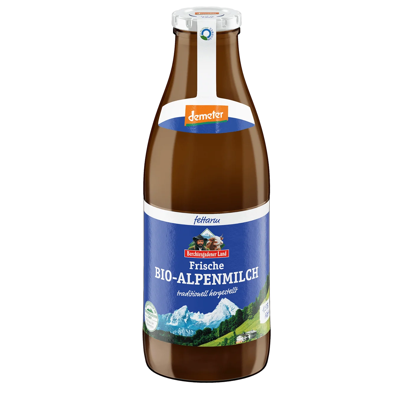 Frische Bio-Alpenmilch, 1 Liter braune Mehrwegflasche 1,5 % Fett