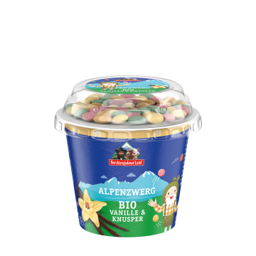 Alpenzwerg Bio-Knusper, 137 g Becher Vanille mit Schokolinsen