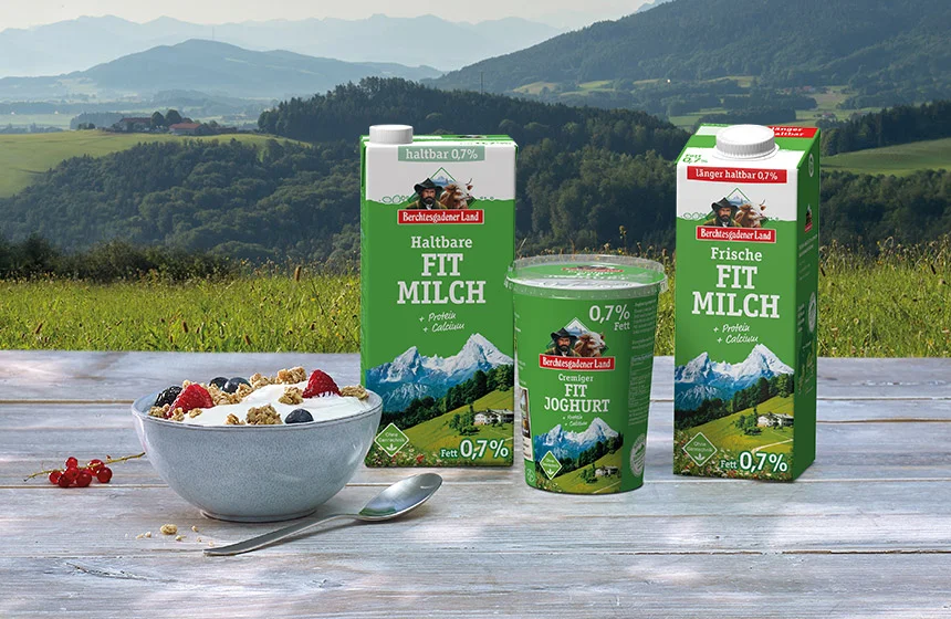 Fit-Milch-Sortiment der Molkerei Berchtesgadener Land ideal für den qualitätsbewussten Genuss in bewegungseingeschränkten Zeiten 