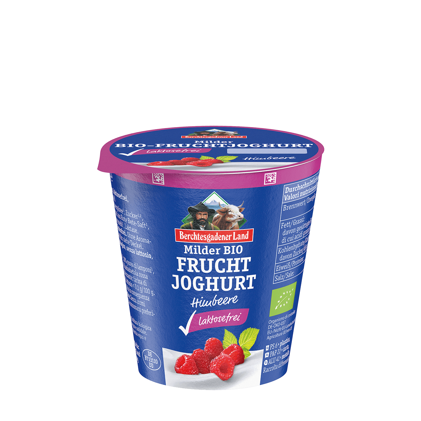Organic fruit yoghurt, lactose-free, 150 g pot Raspberry