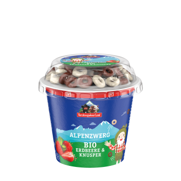 Alpenzwerg Bio-Knusper, 137 g Becher Erdbeere mit Schokokringel