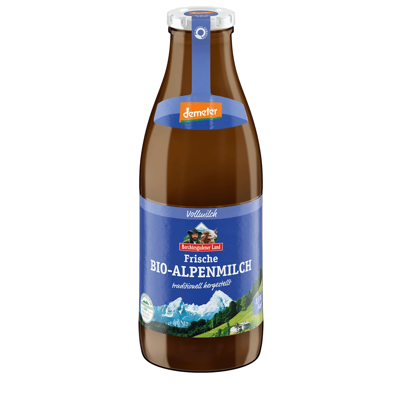 Frische Bio-Alpenmilch, 1 Liter braune Mehrwegflasche 3,5 % Fett